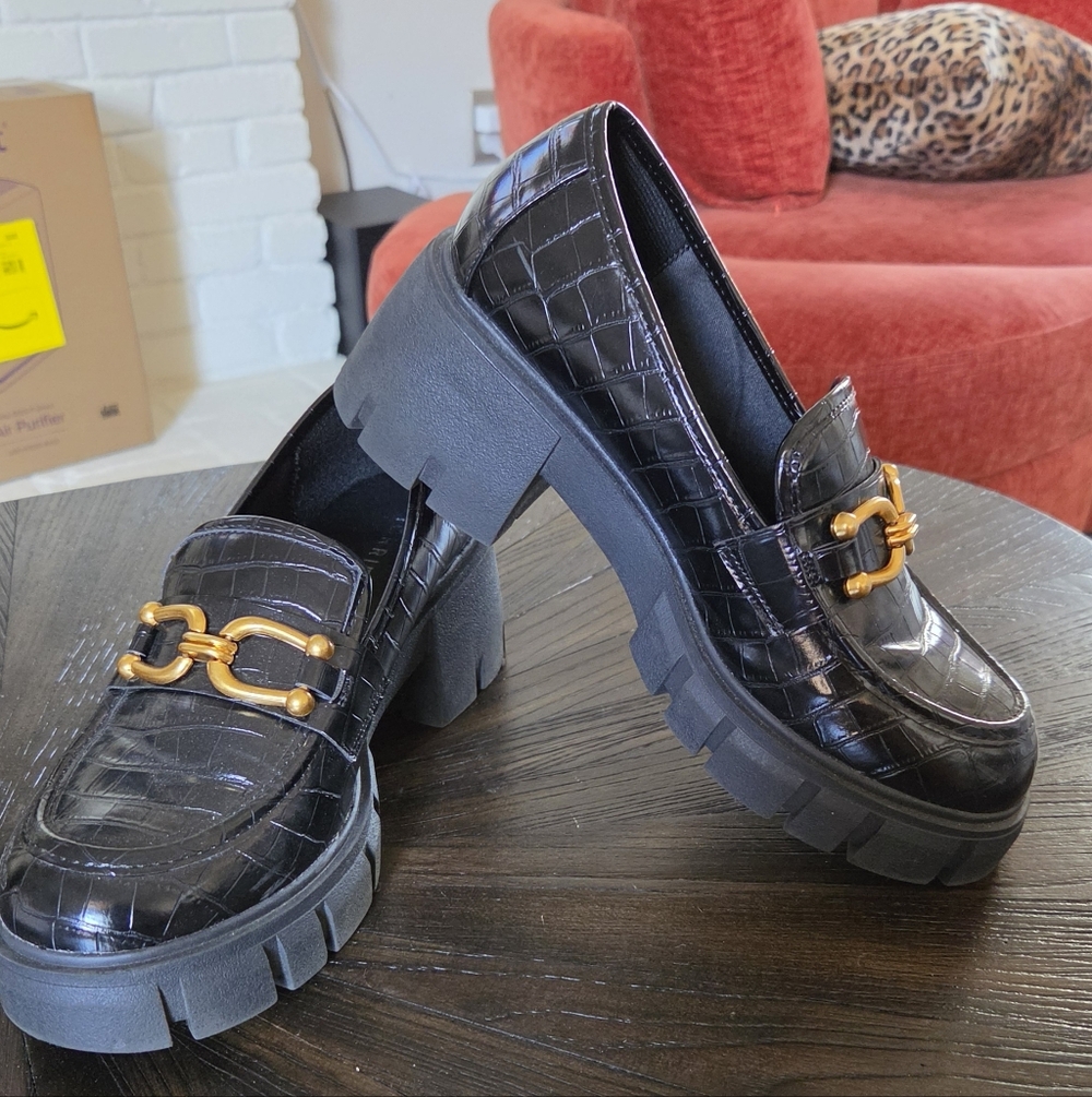 torrid Black Croc-Embossed Lug Sole Loafers with Gold Hardware